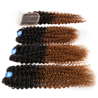 Cheveux Remy humains 1B/BUG # Afro Kinky Curly Bundles de cheveux avec fermeture 16 ''18" 20 "Armure de cheveux synthétiques Double trame