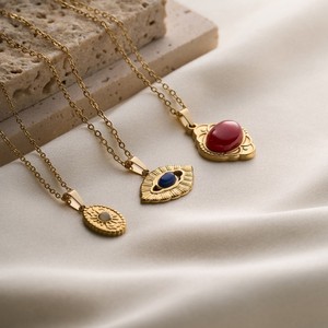 Collar Vintage Francés con Diseño <span class=keywords><strong>de</strong></span> Rayos <span class=keywords><strong>de</strong></span> Sol <span class=keywords><strong>para</strong></span> Mujer, Chapado en Oro <span class=keywords><strong>de</strong></span> 18K, Acero Inoxidable, Lapislázuli, Piedra Roja, Joyería, Regalo, Venta al por Mayor - Product Image 1