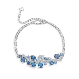 C4795 Abiding Cluster Cubic Zirconia London Blue Topaz Gemstone Pure 925 Sterling Silver Women Double Link Bracelet