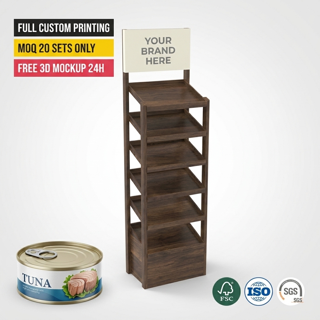 Custom Wood Gravity Feed Display Stand for Canned Fish Beef Meat Tins FIFO Auto-Refill Retail Store Rack Eco-Friendly Plywood — view 1