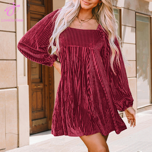 Abito Lungo Loveda da Donna in <span class=keywords><strong>Velluto</strong></span> Tinta Unita con Scollo Quadrato e Vita Alta, <span class=keywords><strong>Maniche</strong></span> <span class=keywords><strong>Lunghe</strong></span>, Stile Casual - Product Image 1