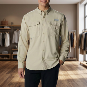 Chemise de pêche pour homme en jersey solide, 100% coton, à séchage rapide, à manches longues, imprimée numériquement, avec col boutonné et poche. - Product Image 1