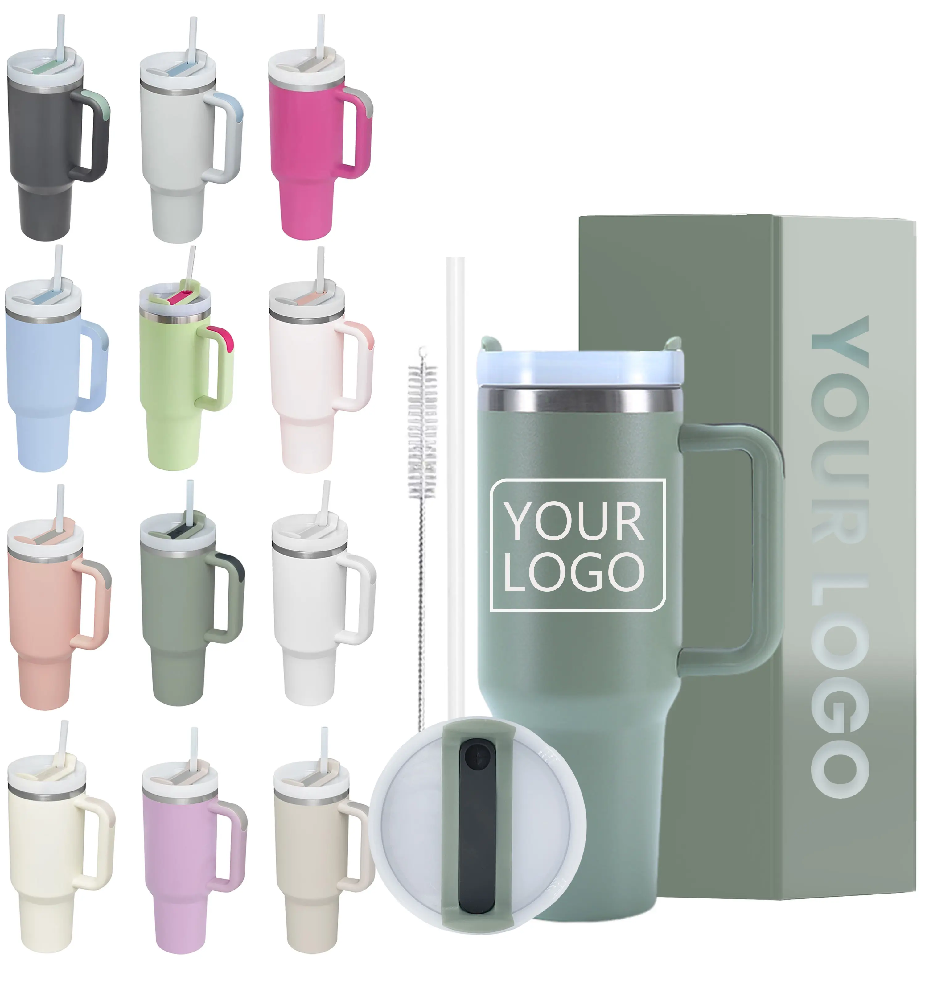 Custom Logo Double Wall Stainless Steel Travel Mug Vacuum Coffee Outdoor 40oz Quencher Tumbler with Handle and Straw