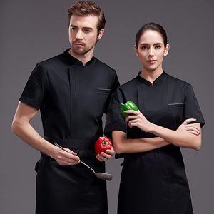 Nouveaux vêtements <span class=keywords><strong>de</strong></span> travail <span class=keywords><strong>de</strong></span> chef extensibles manteau d'hôtel à manches courtes pour hommes <span class=keywords><strong>veste</strong></span> <span class=keywords><strong>de</strong></span> chef femmes après avoir dîné uniforme <span class=keywords><strong>de</strong></span> <span class=keywords><strong>cuisine</strong></span> logo <span class=keywords><strong>personnalisé</strong></span> - Product Image 2