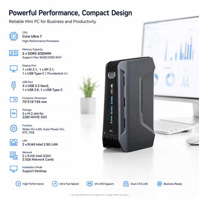 Intel  Core Ultra 7 Processor 16 Cores16 Threads 2.5GHz up to 5.1GHz HD+DP Support Thunderbolt 4 Eglobal Gaming Desktop Mini Pc
