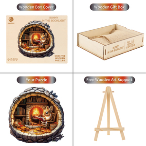 Rompecabezas de conejo leyendo junto a la chimenea, juguete educativo de cartón impreso a todo color para niños y adultos - Product Image 2
