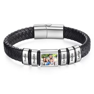 Brassard en <span class=keywords><strong>cuir</strong></span> tressé noir véritable pour hommes, accessoire de <span class=keywords><strong>bracelet</strong></span>, <span class=keywords><strong>bracelet</strong></span> en acier inoxydable, perle gravée, nom imprimé, <span class=keywords><strong>bracelet</strong></span> photo, bricolage personnalisé - Product Image 2