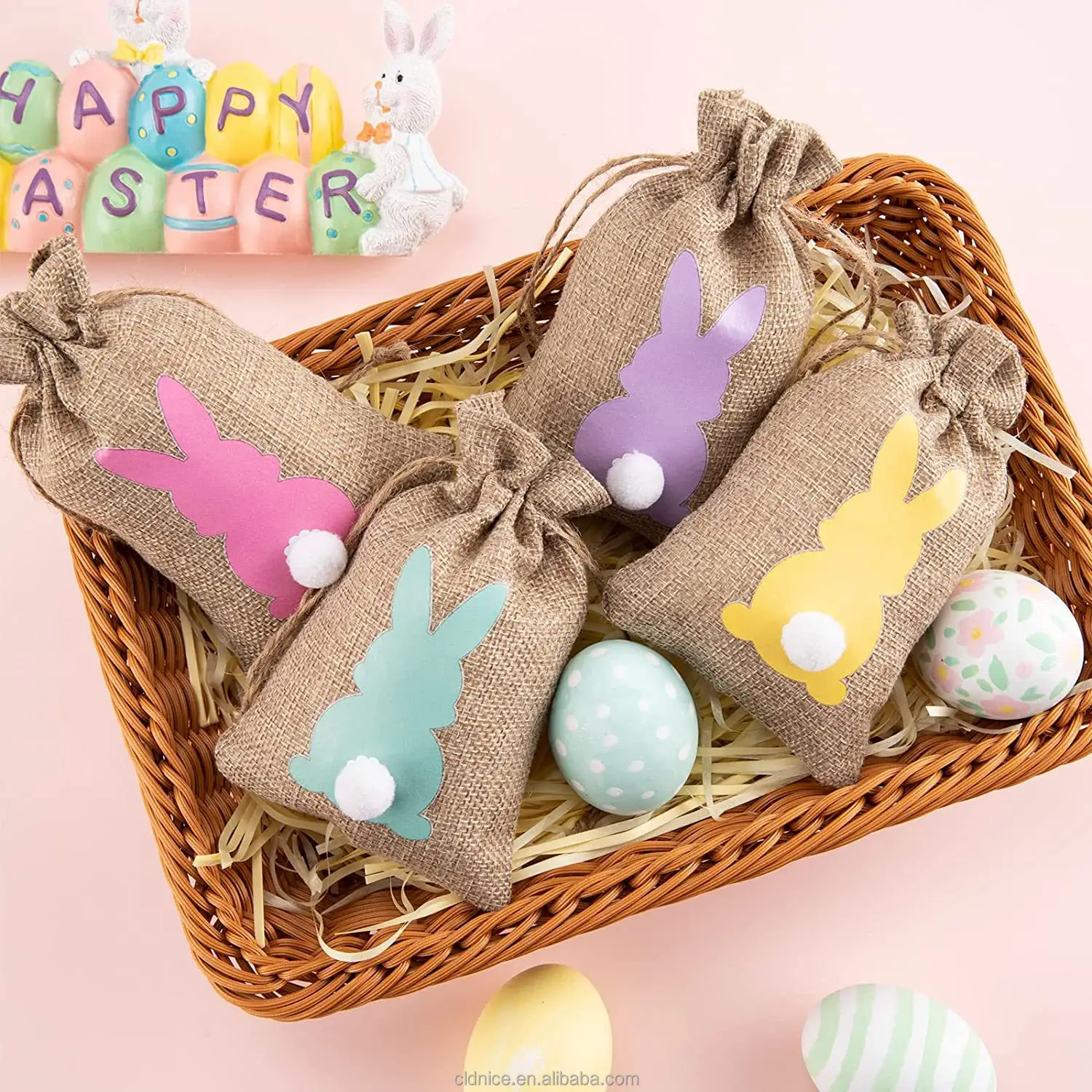 Nizza 24Pcs Großhandel Kaninchen gedruckt Osterei Candy Bag Baumwolle Lagerung Beam Tasche Ostern Eimer Korb für Kinder