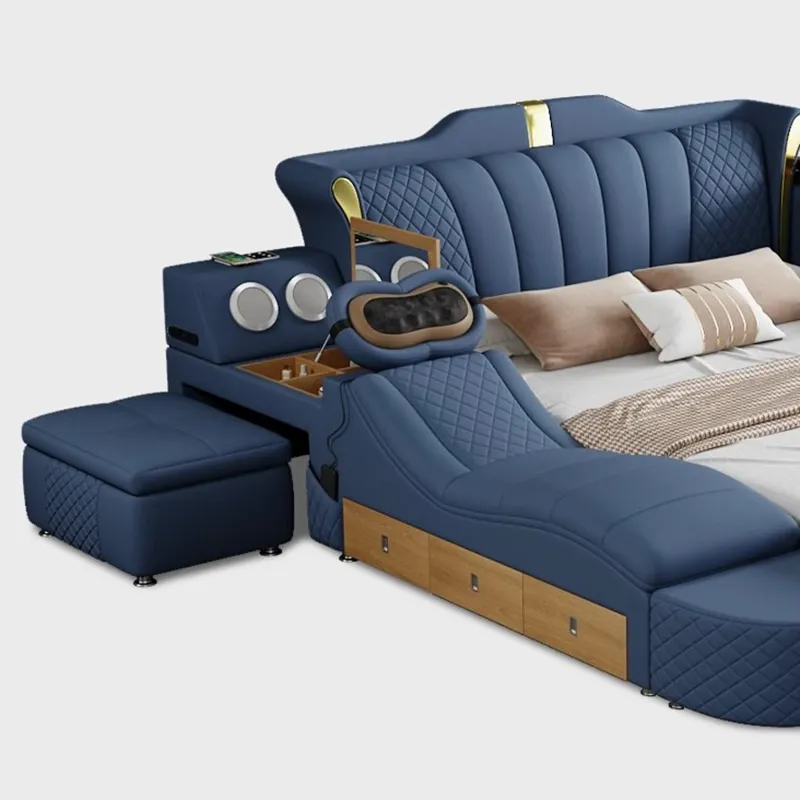 Mobiliário de quarto em couro luxuoso king size, conjunto de cama de madeira moderna multifuncional para massagem e armazenamento, ideal para quarto de luxo