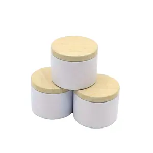 Potes vazios de cor branca de alta qualidade, recipientes de metal, latas de vela com tampa de madeira com estampa de grãos