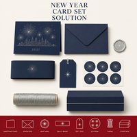 Carte de vœux personnalisée 2027 en papier spécial bleu nuit avec feu d'artifice urbain en feuille d'argent et impression de logo OEM sur enveloppe