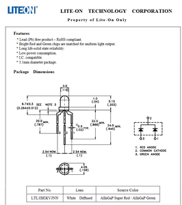 Lite-On LTL1BEKVJNN ชิป LED กำลังสูง สีเขียว/แดง 572nm/631nm 2.1V/2V 5.15 มม. ปรับความสว่างได้ แบบเรเดียล 3 ขา - Product Image 2