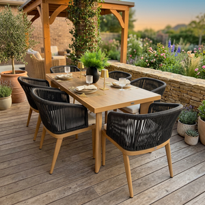 Conjunto de Mesa de Comedor de Teca Minimalista Contemporáneo para Exteriores con Sillas Tejidas Negras para Muebles de Hogar, Patio, Jardín, Terraza - Product Image 3