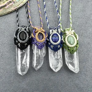 Bohemian Braided Rope Chain Multi Colors Necklace Natural Gemstone Clear Quartz Point Pendant Necklace Crystal Women Jewelry