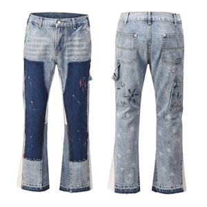 Custom <b>Men</b> Vintage Light Blue Patchwork Stacked Straight Distressed Leg Paints Splatter <b>Flared</b> Denim Carpenters <b>Jeans</b> - Product Image 1