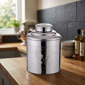 Classic Round Metal Food Container with Carved Floral Design Airtight <b>Storage</b> <b>Jar</b> <b>for</b> <b>Kitchen</b> Use - Product Image 2