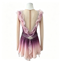 Robe de patinage artistique à volants dégradé rose-violet, dos en V profond, jupe en mousseline ornée de strass, costume de performance de compétition personnalisé