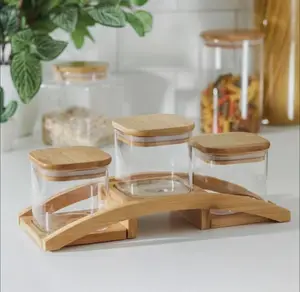 High Borosilicate Square Spice Storage Bamboo Lid Airtight Jar With Rotating Disc At The Bottom Glass Jar Set