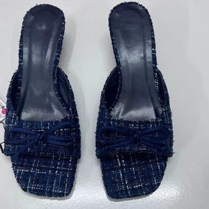 Mules à bout carré pour femmes avec nœud décoratif, sandales ouvertes sans talon, sandales à talon bleu pour femmes - Product Image 2