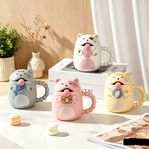 Tazza in Ceramica a Forma di Gatto con Coperchio e Cucchiaio, <span class=keywords><strong>Design</strong></span> <span class=keywords><strong>Creativo</strong></span> Personalizzato per Ufficio e Casa, Ideale per Colazione - Product Image 1