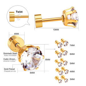 Boucles d'oreilles clous rondes en diamant blanc serti griffe, en acier inoxydable 18 carats, bijoux de mode à visser - Product Image 2