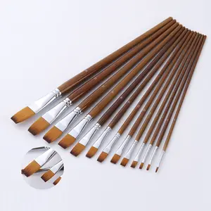 Mix size Flat Paint Brush Set 12pcs Professional Brown Nylon Hair Acrylic Brushes for Art Painting Watercolour