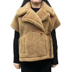 冬の高品質半袖ウールアルパカコートターンダウンカラーテディコート女性ベルト付き