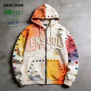Sweat à capuche personnalisé avec fermeture éclair, effet vieilli, tie-dye, patch brodé 3D, rivets, 100% coton, molleton bouclette lourd, anti-boulochage, <span class=keywords><strong>streetwear</strong></span> - Product Image 1