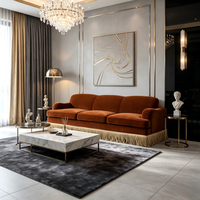 Canapé droit moderne en velours à franges de luxe, trois places, dossier haut, pour salon de villa et mobilier de projet de manoir