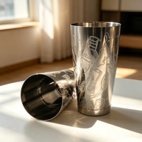 Shaker Boston en acier inoxydable au design unique RTS avec motif gravé, shaker à cocktails en métal pour utilisation au bar