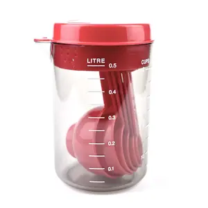 Kitchen Accessories Red Color BPA Free Baking Tools 6 Piece Plastic Measuring Cup Set With Container