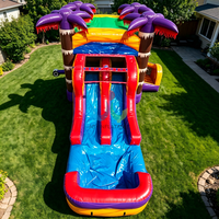 Château gonflable tropical combiné palmier avec toboggan aquatique humide et sec pour enfants, idéal pour les fêtes d'anniversaire en extérieur, les jardins et les pelouses, parfait pour la location et le divertissement.