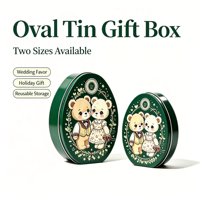 Boîte en étain ovale personnalisée pour la Saint-Valentin, avec motif d'ours en relief, recyclable, de qualité alimentaire, imprimée, pour bonbons, chocolat, cadeaux