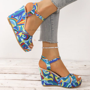 Women Summer New Color <b>Block</b> Wedge Roman Sandals Thick Sole Peep Toe Buckle Sandals in Stock - Product Image 4