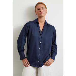 Chemise à motif diagonal pour femme, bleu marine, satin, boutonnée, classique, pour tous les jours - Product Image 4