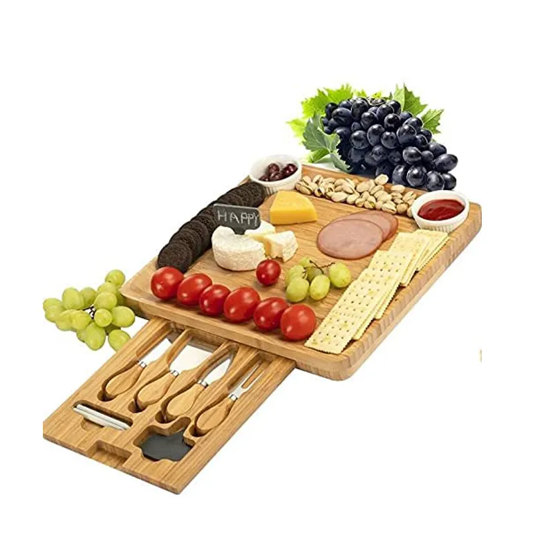 Multi-functional Bamboo Cheese Board and Knife Set Bamboo Charcuterie Platter & Serving Tray for Cheese,Wine, Crackers