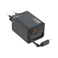 Chargeur mural rapide PD 65W Type C double port, chargeur de voyage USB-C pour ordinateur portable avec câble rétractable, adaptateur de téléphone GaN