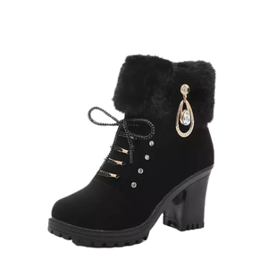 Botines de tacón alto de lujo para mujer, botas elegantes con Cuello de piel de felpa y detalles de cristal con cremallera lateral de invierno para mujer - Product Image 3