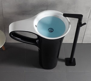 Estación de Lavado de Manos Portátil, Lavabo Independiente para Baño, Lavabo con Pedestal de Resina de Piedra de Superficie Sólida - Product Image 6