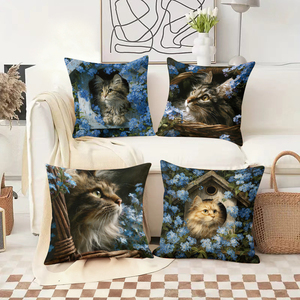 Bantal hias liburan yang nyaman dengan motif kucing lucu di bunga-bunga biru menghiasi sofa ruang tamu, dekorasi Natal yang meriah. - Product Image 2