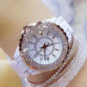 New hot-selling ladies rhinestone ceramic personality digital surface quartz white watch