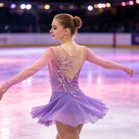 Robe de patinage artistique rose et violette en maille à manches longues avec strass et découpe au dos pour enfants et adultes, idéale pour les compétitions et les spectacles