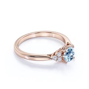 Anillo de Boda Certificado de Plata de Ley 925 con Diseño Clásico de Hoja, Aguamarina Creada en Laboratorio de 1.25 Quilates y Diamantes Engastados en Puntas para Mujer - Product Image 5