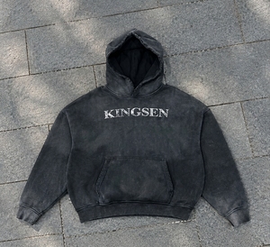 Sweat à capuche en molleton épais pour homme, style vintage, délavé au charbon, effet soleil, imprimé lettres, en coton épais - Product Image 1
