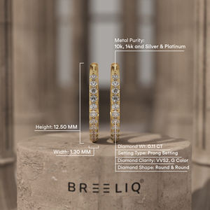 Boucles d'oreilles créoles en or jaune 14 carats, serties de diamants ronds, pavé complet, élégantes, en or massif - Product Image 5