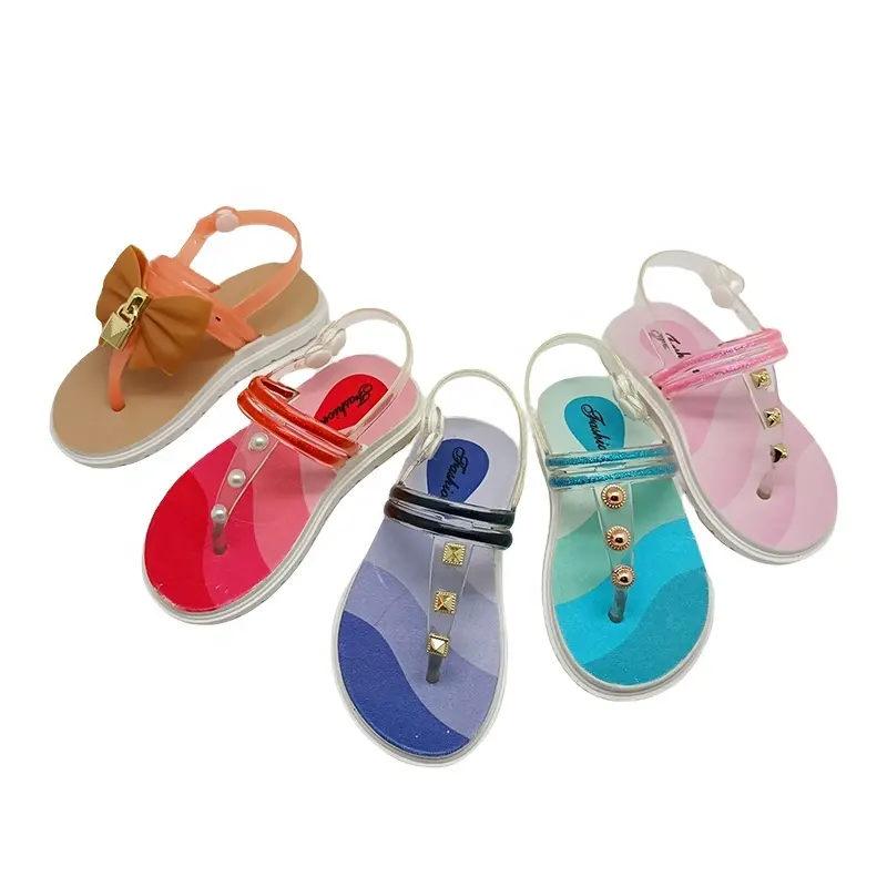 Slide Jelly Beach Musim Panas Indah Grosir Gadis Flip Flop Gradien PVC untuk Sandal Tali Musim Panas Anak-anak