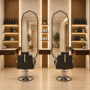 Mobilier de salon de coiffure sur mesure, postes de travail avec miroir, armoires de rangement et présentoirs pour studio de toilettage masculin - Product Image 1
