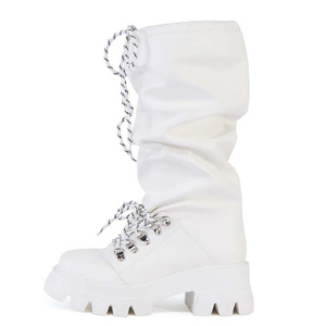 Women Low Chunky Heels Knee High Boots Thick Sole Round Toe Long Booties Front <b>Lace</b> up Top Wide <b>Elastic</b> Cut Causal Shoes - Product Image 5