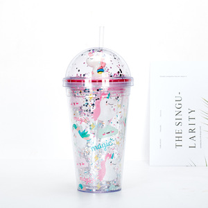 Gobelet en plastique à double paroi de 16 oz avec paille, gobelet à paillettes licorne pour enfants - Product Image 3