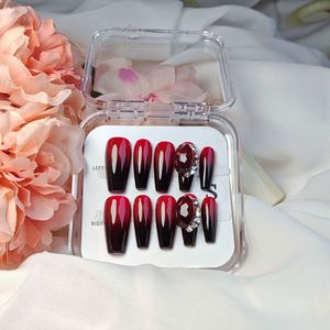 Arte 3D hecho a mano acrílico artificial ataúd largo diseñado personalizado falso prensa <span class=keywords><strong>de</strong></span> <span class=keywords><strong>uñas</strong></span> vino rojo diamante prensa en las <span class=keywords><strong>uñas</strong></span> - Product Image 2